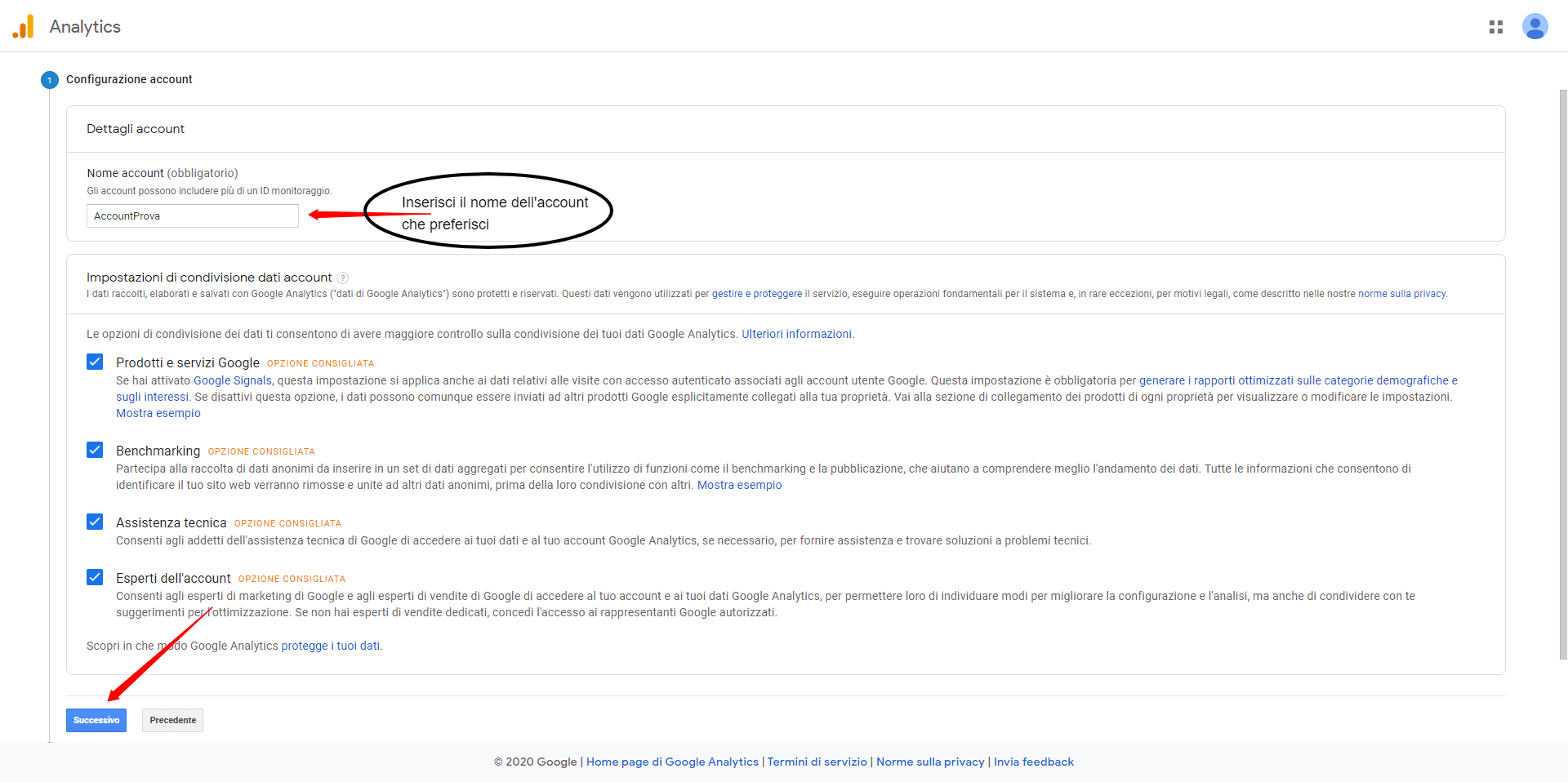 configurazione account analytics primo passo